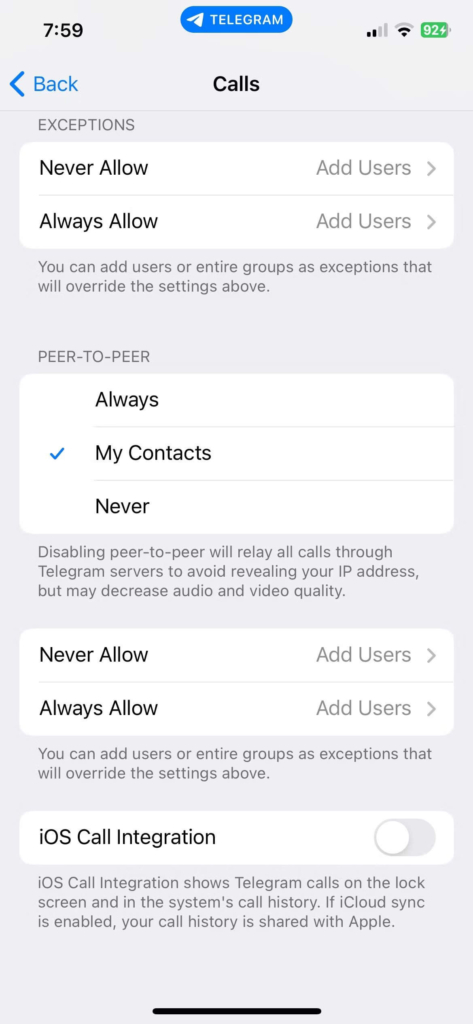 امنیت تماس در تلگرام