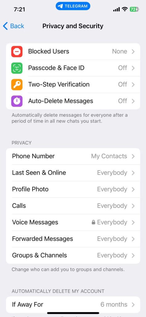 حریم خصوصی در تلگرام